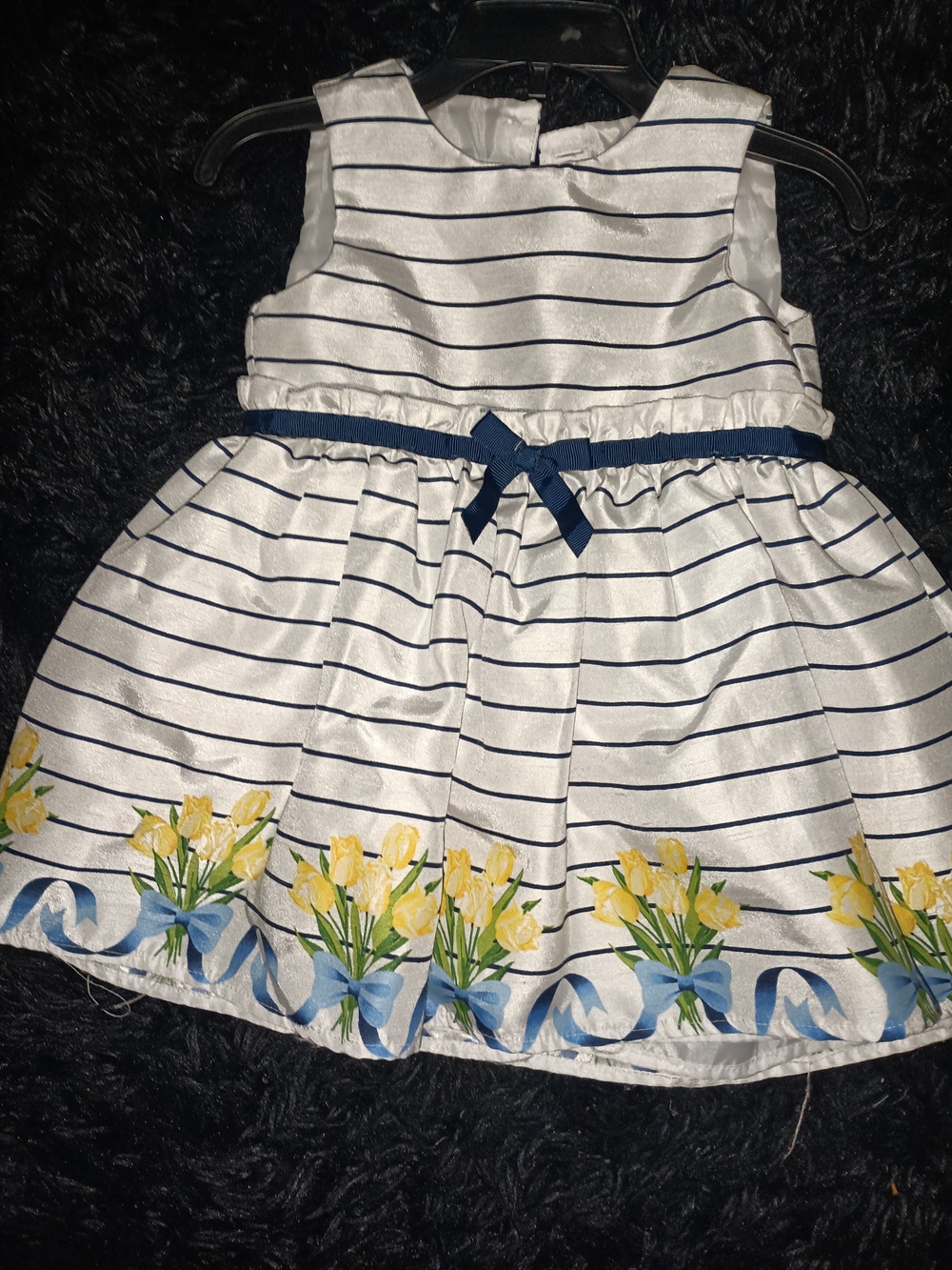 Nanette Baby White Striped Dress with Navy Bow & Yellow Floral Trim
